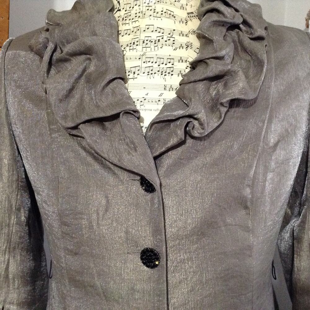 Adrianna Papell Evening Jacket Sz 12 Pewter Silver Shimmer Ruffle Collar Formal